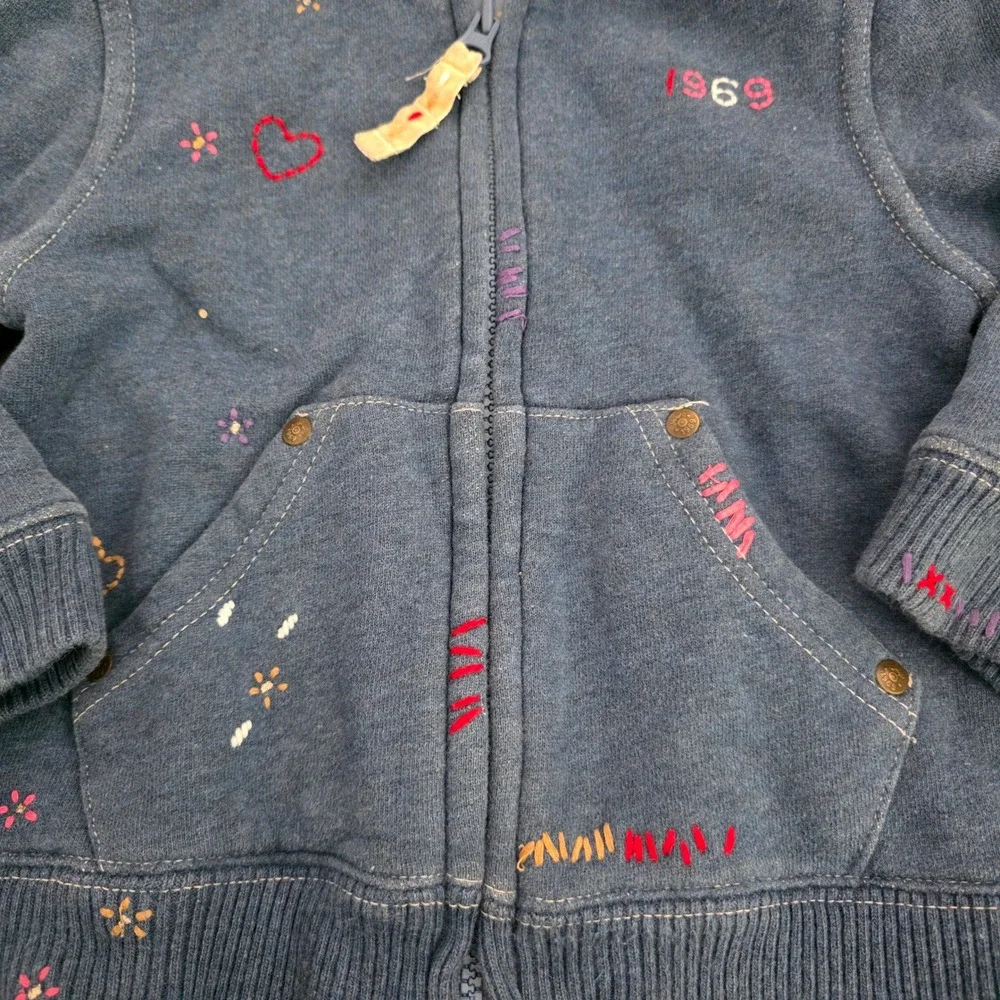 Baby Gap 1969 Jeans Blue Embroidered Sherpa Lined Zip Up Hoodie Toddler 2-3 Year